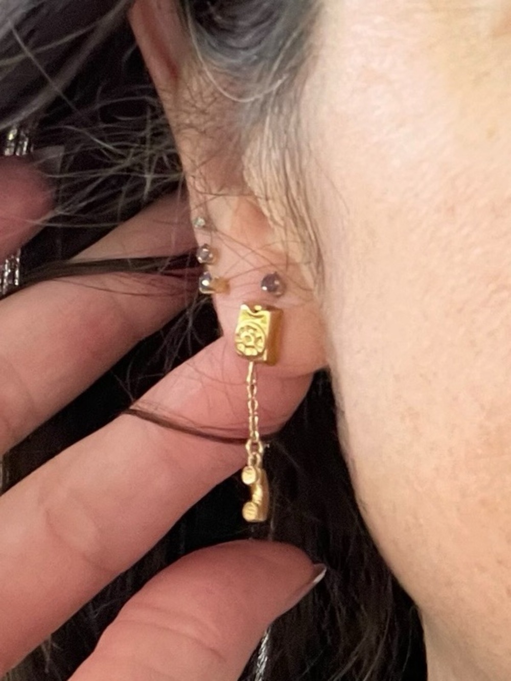 Vintage Gold Tone Rotary Telephone Dangle Novelty Earrings
